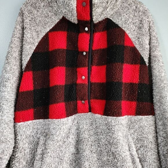 Maurices Plus Size Gray Buffalo Plaid Yoke Snap Front Sherpa Pullover Sweatshirt - Picture 2 of 12